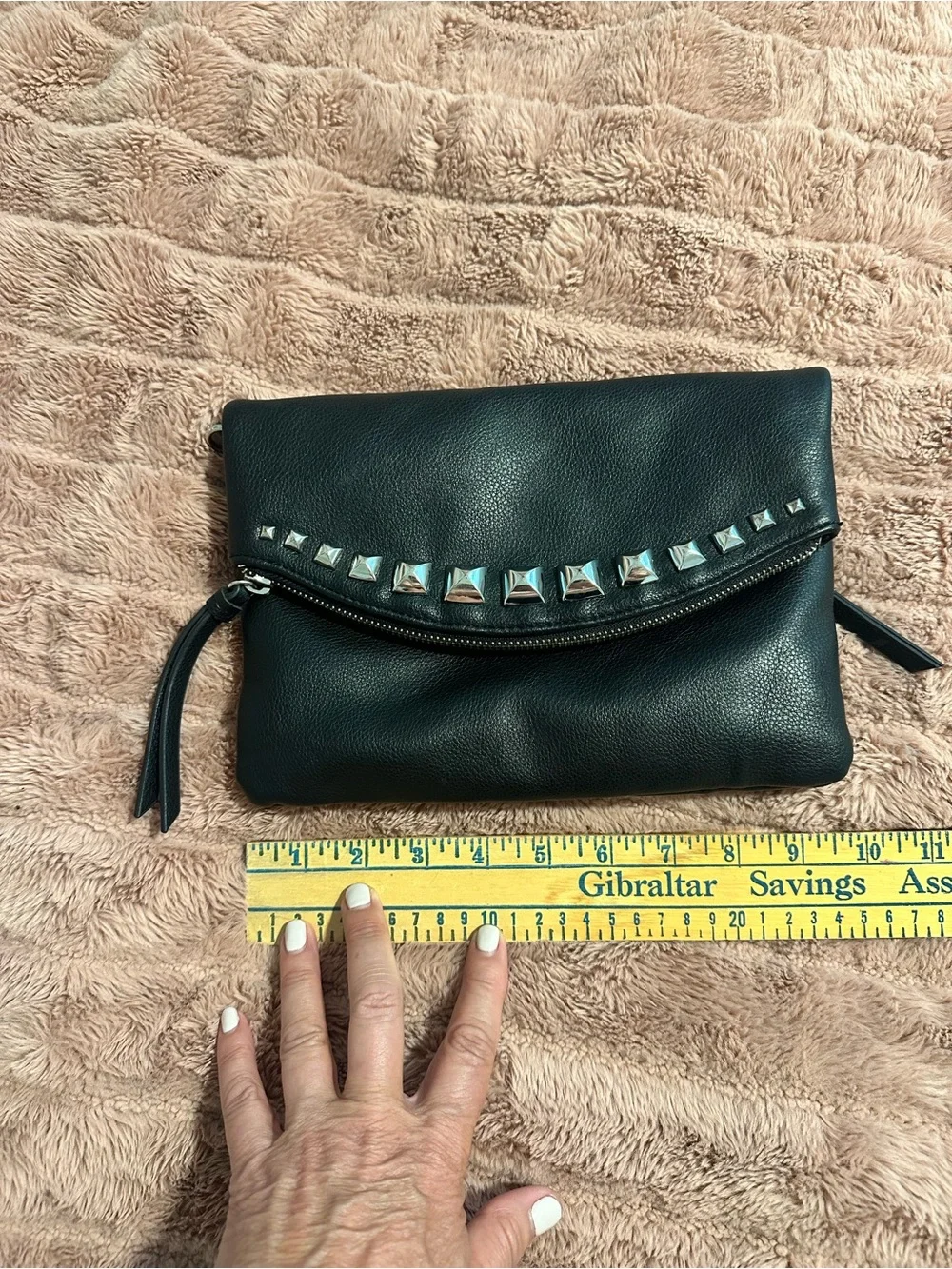Enzo Angiolini Black Faux Leather Studded Fold-Over Clutch